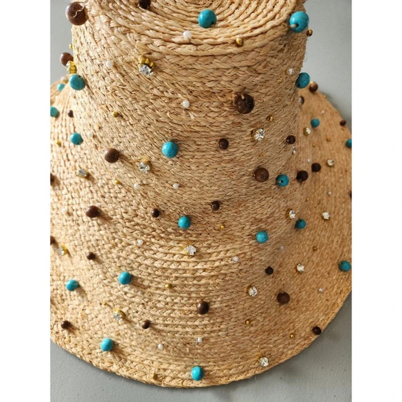 NWD Lele Sadoughi Turquoise Embellished Straw Sun Hat Natural One Size - Picture 7 of 13